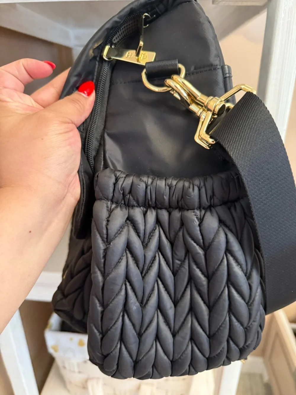 Quilted Black Baby Backpack Bag with Gold Accents